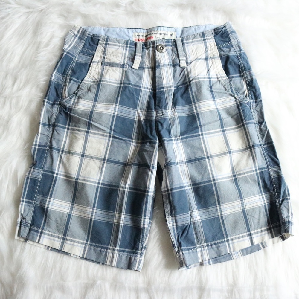 American Eagle Blue and White Plaid Shorts